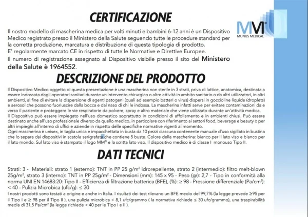 Munus Medical Mascherine mediche monouso per bambini e volti minuti 10 pz.