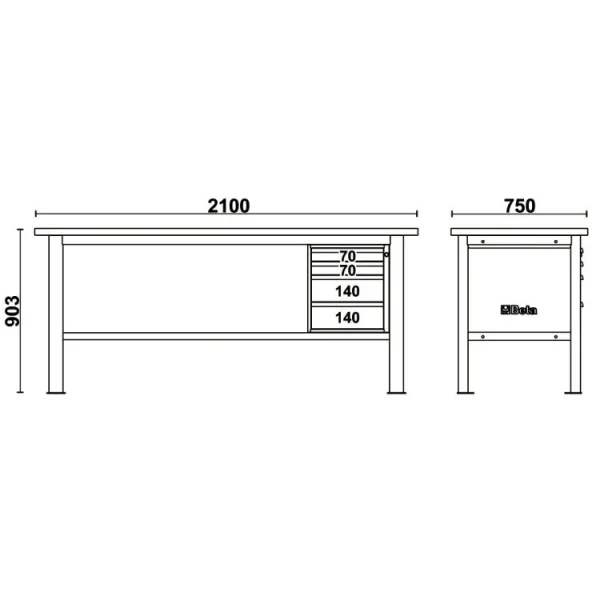 Beta c58bc-x2,1 4c/a banco con piano mdf rivestito inox 2,1 m e 4 cassetti - dettaglio 2