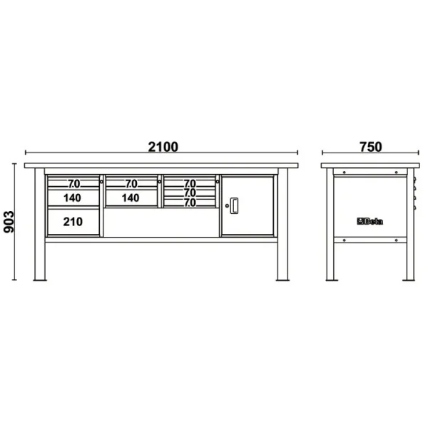 Beta c58bc-w2,1 8ca/o banco da lavoro con piano in legno 2,1 m cassetti e anta - dettaglio 2