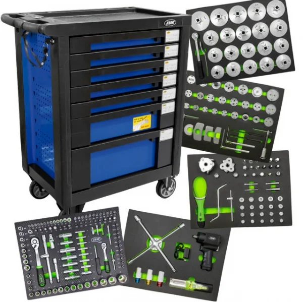 JBM 53557 Cassettiera blu a 7 cassetti con attrezzi di manutenzione 256 Pz.